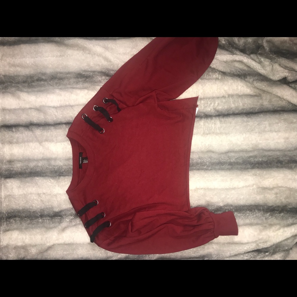 dark red cropped crew neck sweatshirt